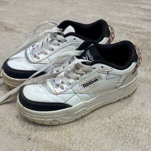 Reebok Kids White Leather Sneakers with Black Trim and Rainbow Stitching